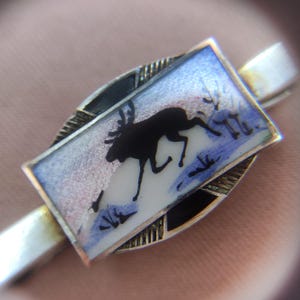 Aksel Holmsen Moose Deer Guilloche Enamel Vignette Silver Tie Bar Clip Nordic Landscape Norway 830S Antique Tie Slide Tie Clip Gift Him