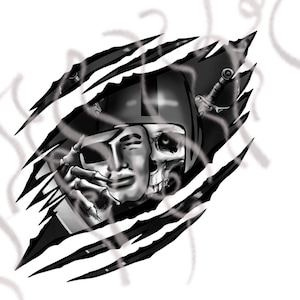 Könnte beinhalten: Eine Schwarzweißillustration eines Footballspieler-Helms mit einem Schädel und einer Maske dahinter. Das Bild ist vor einem zerrissenen Hintergrund platziert.