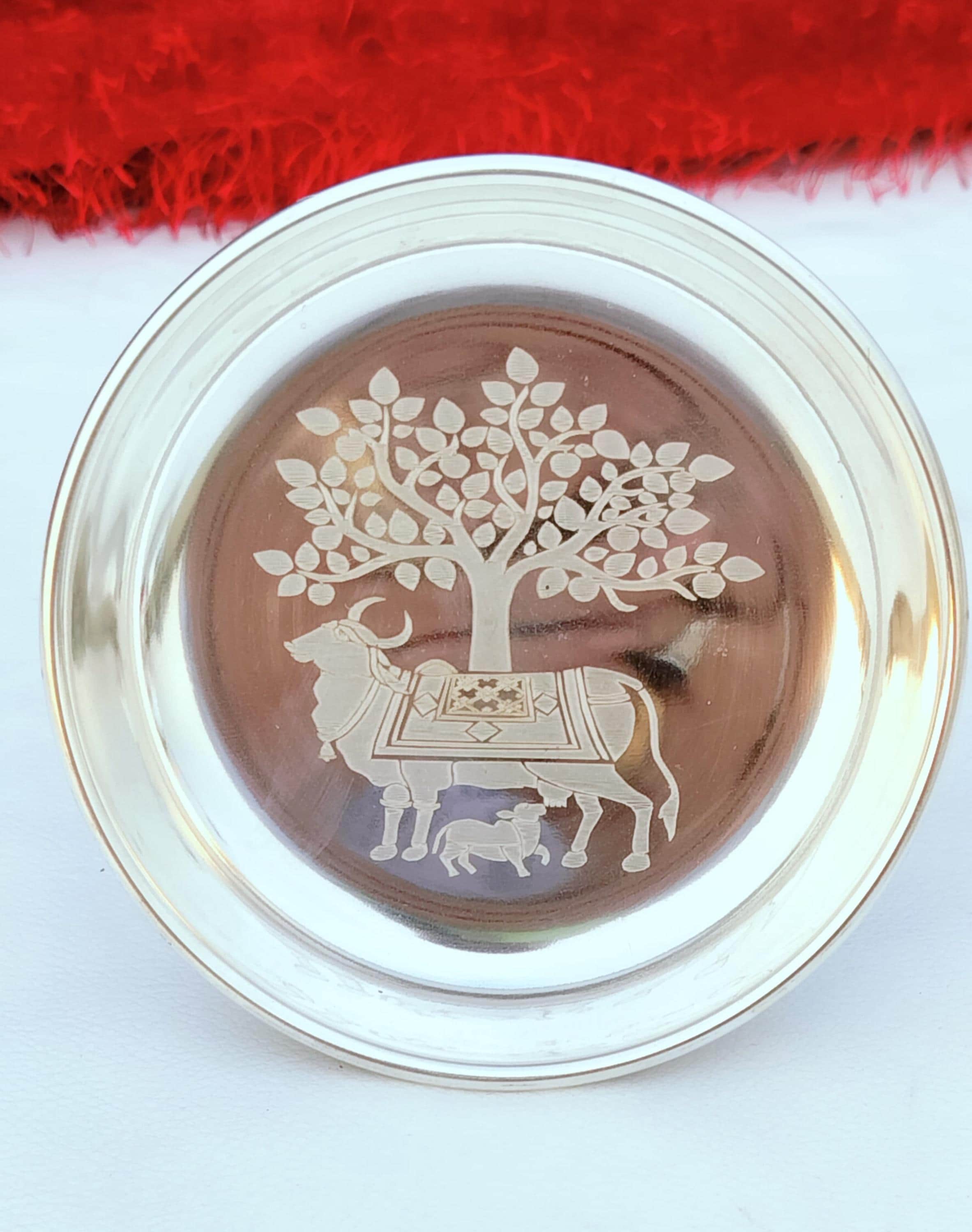 German Silver bowls , German silver peacock Kumkum holders , German silver cow engraved plates, German silver Tulsi plants, Laxmi diya