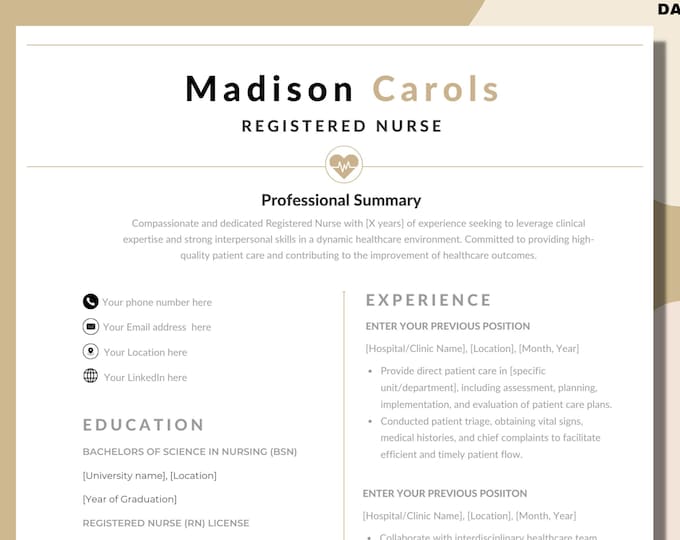 Nurse Resume Template, Nursing Resume Template, Medical Doctor Template, RN Resume, LPN Resume, Canva Template.