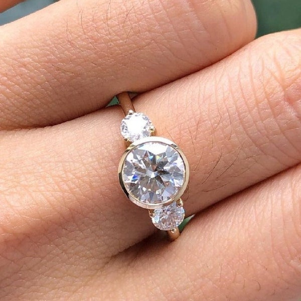 Bezel Set Moissanite Wedding Ring, Trilogy Engagement Ring, Round Colorless Moissanite Engagement Ring, 10K/14K/18K Solid Yellow Gold Ring