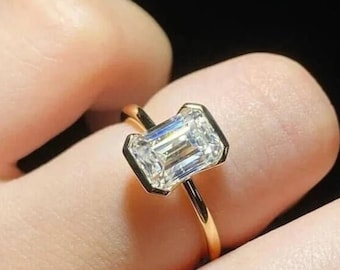 Half Bezel Set Wedding Ring In 14K Solid Yellow Gold, 2.5 CT Emerald Cut Colorless Moissanite Engagement Ring, Emerald Cut Solitaire Ring
