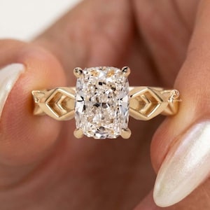 Anillo de boda con diseño de espiga, anillo alargado con talla cojín, anillo solitario estilo art déco, anillo de compromiso con diamante cultivado en laboratorio, anillo de oro de 14 quilates