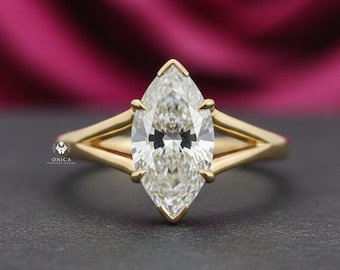 Anillo de boda con brazo dividido, anillo con diamante de laboratorio talla marquesa, anillo de compromiso solitario, anillo único de oro amarillo de 14 quilates con diamante CVD para ella