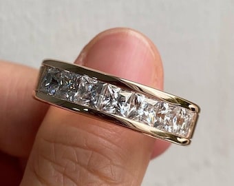 Unique Moissanite Princess Band, Channel Set Wedding Seven Stone Band, Princess Cut Colorless Moissanite Engagement Band, 14K Gold Band