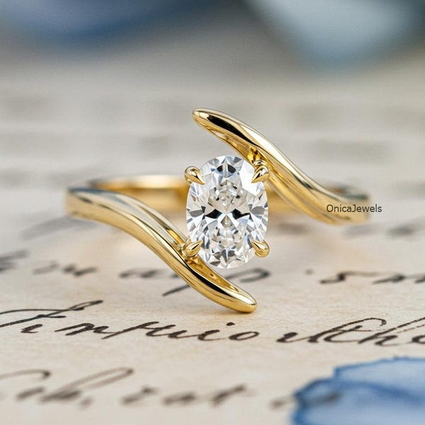 Bypass Moissanite Ring In 14K Solid Yellow Gold, 3 CT Oval Cut Colorless Moissanite Engagement Ring, Solitaire Ring, Oval Cut Wedding Ring
