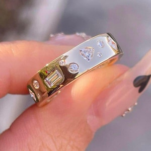 Stackable Engagement Band In 14K Solid Yellow Gold, Full Eternity Flush Setting Band, Multi Shape Diamond Colorless Moissanite Wedding Band