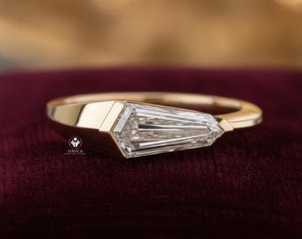 East To West Shield Cut Lab Grown Diamond Ring, Modern Geometric Engagement Ring, Half Bezel Set Solitaire Wedding Ring In 14K Yellow Gold