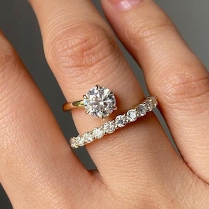 Double Band Style Unique Wedding Ring, Open Wrap Engagement Ring, Round Cut Moissanite Open Cuff Ring, Adjustable Spiral Half Eternity Band