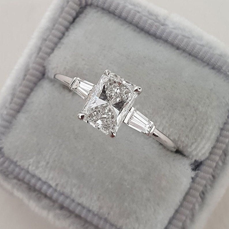Gorgeous Trilogy Wedding Ring, 3.5 CT Radiant Cut Colorless Moissanite Engagement Ring, Tapper Baguette Side Ring In 14K White Gold Ring