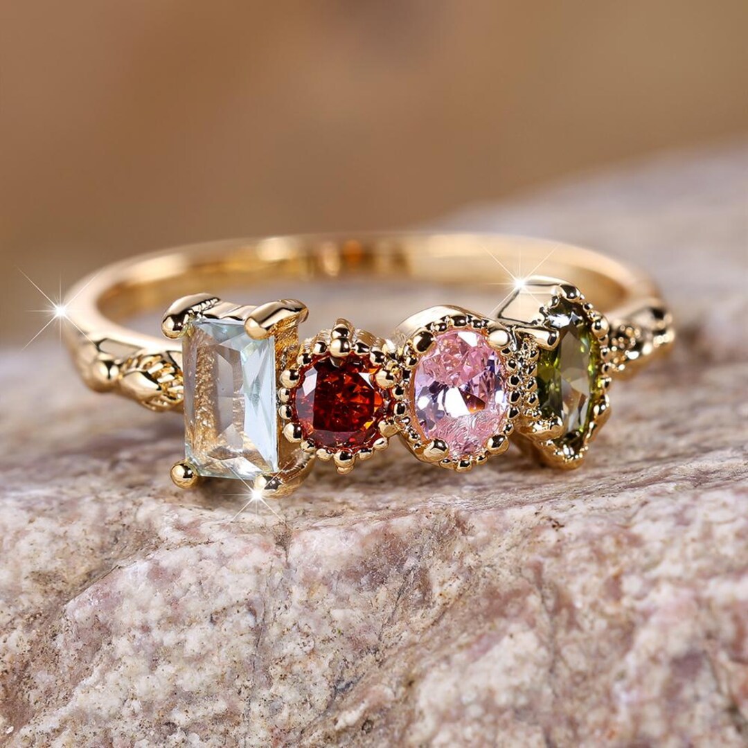 Unique Multi Color Engagement Ring, Multi Shape Family Gemstone Wedding ...