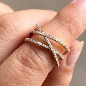 Criss-Cross Ring In 14K Solid Yellow Gold, Double Infinity Style Ring, Round Colorless Moissanite Engagement Ring, Stackable Wedding Band