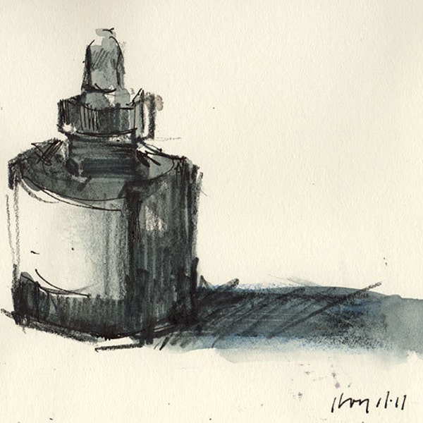 Original Painting Ink Bottle Watercolor Sketch 5x7 Line and Wash - Ink by David Lloyd