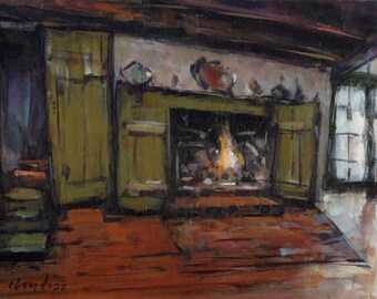 Art Print Interior Fireplace Dark Cozy 9x12 on 11x14 - Hearth and Home by David Lloyd