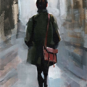 Art Print Figure Woman Fashion Green Coat Urban City 9x12 on 11x14 - Clothed Figure Study 1 by David Lloyd