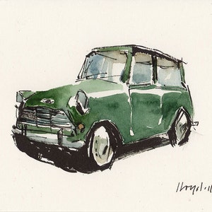 Art Print Car Painting Mini Cooper Retro Green Geekery - Green Mini by David Lloyd