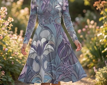 Floral Midi Skater Dress – Blue Purple Botanical Print, Long Sleeve with Pockets