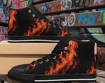 Flame High Top Sneakers – Black Canvas Shoes with Fire Print & Stripe Sole