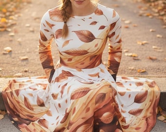 Autumn Leaves Midi Dress Bronze Brown – Long Sleeve Fit & Flare with Pockets