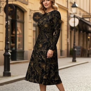 Vestido Elegante com Estampa Floral Preto e Dourado - Vestido Midi com Bolsos, Perfeito para uma Declaração de Moda Sofisticada e Atemporal