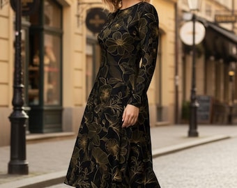 Black and Gold Floral Midi Dress: Long Sleeve Party Dress with Pockets