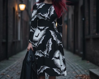 Black Bat Midi Dress: Gothic Moon Print Long Sleeve Halloween Outfit