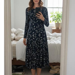 Navy Blue Floral Midi Dress: Long Sleeve Pocket Dress image 6