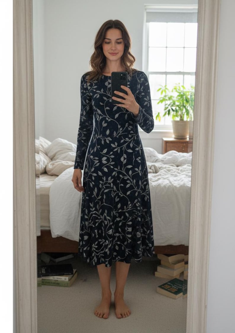 Navy Blue Floral Midi Dress: Long Sleeve Pocket Dress image 6