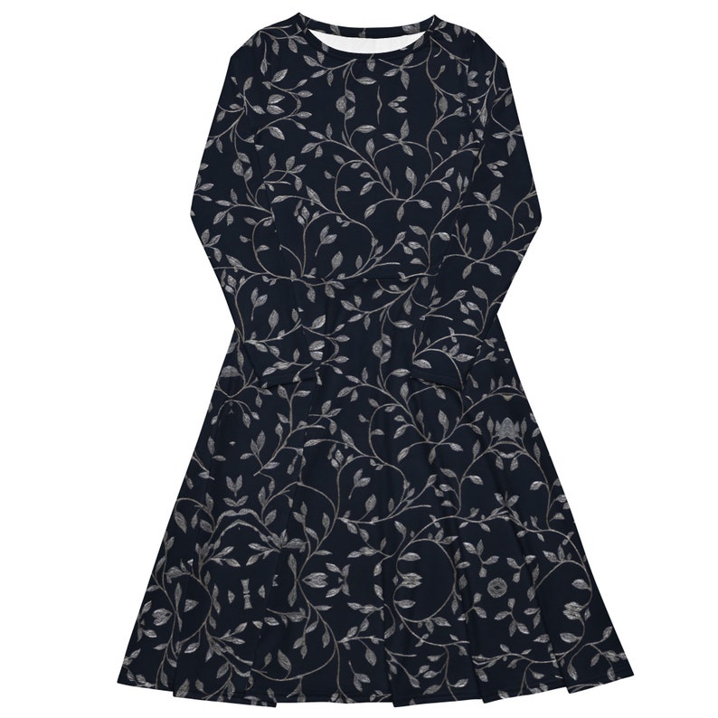 Navy Flower Print A Line Midi Dress with Pockets