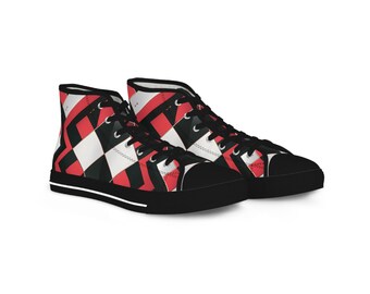 Zapatillas de lona geométricas rojas y negras: zapatos unisex de caña baja