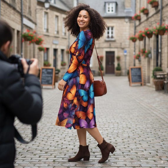 Butterfly Print Midi Dress - Colorful Fit & Flare Dress with Pockets Butterfly Print Midi Dress - Colorful Fit & Flare Dress with Pockets