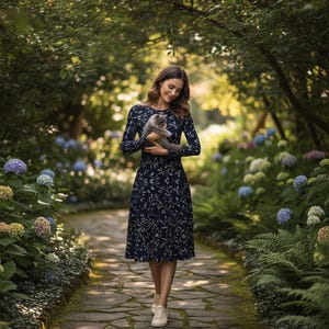 Navy Blue Floral Midi Dress: Long Sleeve Pocket Dress image 13