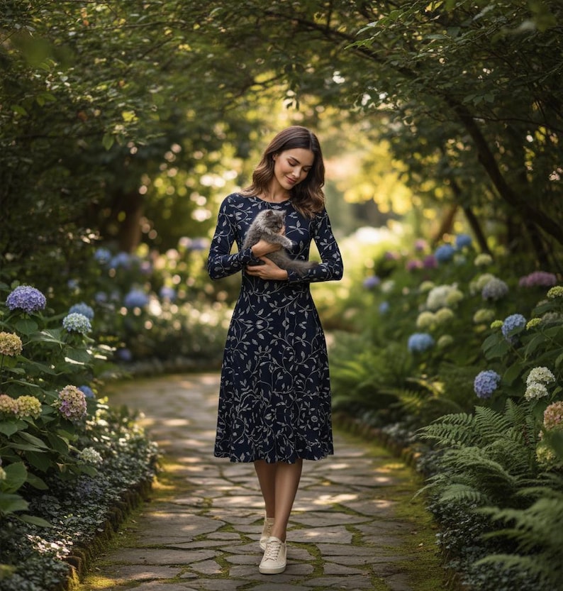 Navy Blue Floral Midi Dress: Long Sleeve Pocket Dress image 13