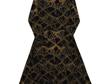 Black and Gold Geometric Dress: Long Sleeve Midi Dress with Pockets