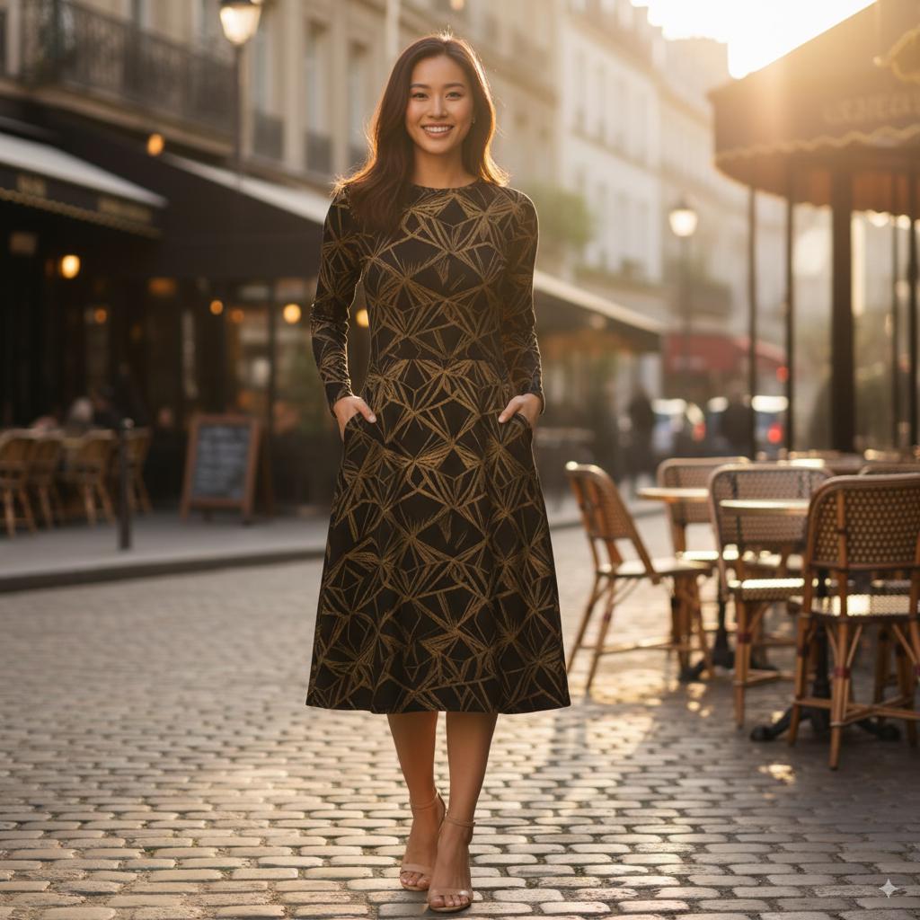 black and gold geometric dress Black and Gold Geometric Dress: Long Sleeve Midi Dress with Pockets