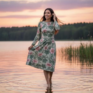 Vestido Elegante com Padrão Floral - Vestido Midi com Bolsos, Perfeito para uma Declaração de Moda Sofisticada e Atemporal