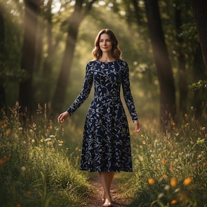 Navy Blue Floral Midi Dress: Long Sleeve Pocket Dress image 14