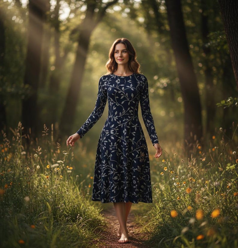 Navy Blue Floral Midi Dress: Long Sleeve Pocket Dress image 14