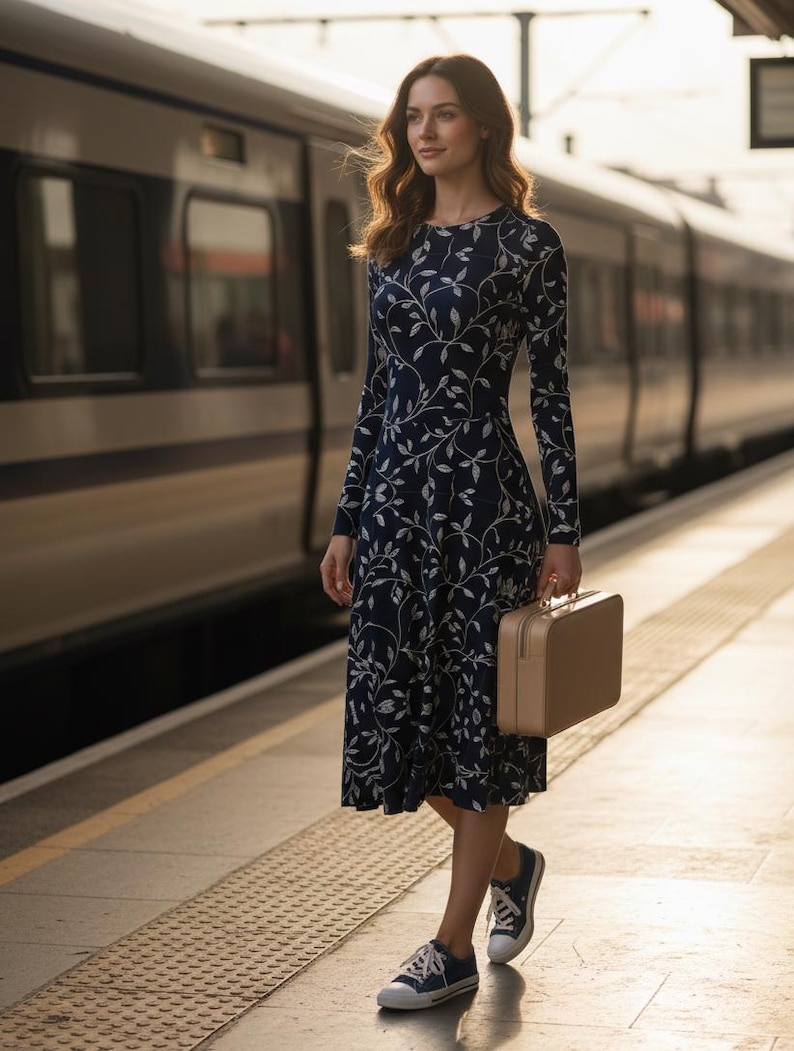 Navy Blue Floral Midi Dress: Long Sleeve Pocket Dress image 11