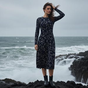 Navy Blue Floral Midi Dress: Long Sleeve Pocket Dress image 12