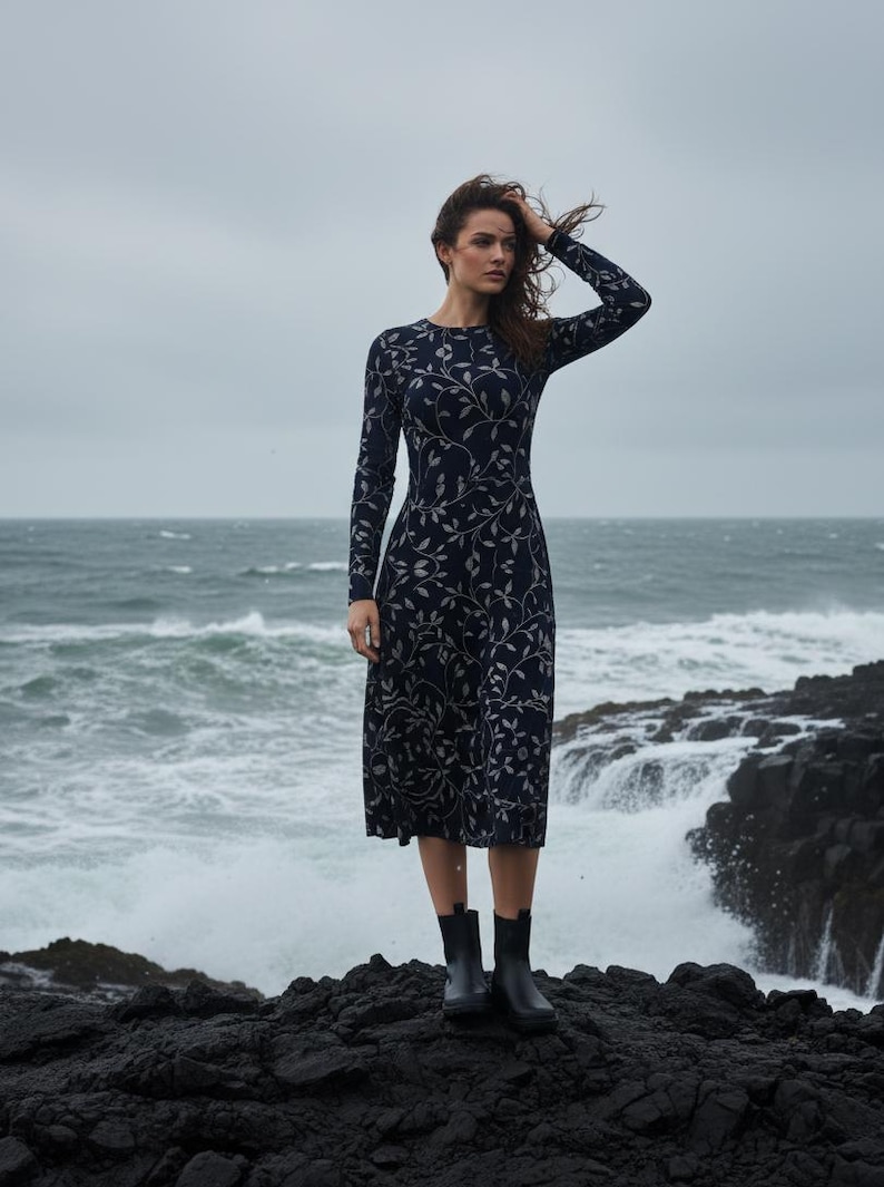 Navy Blue Floral Midi Dress: Long Sleeve Pocket Dress image 12