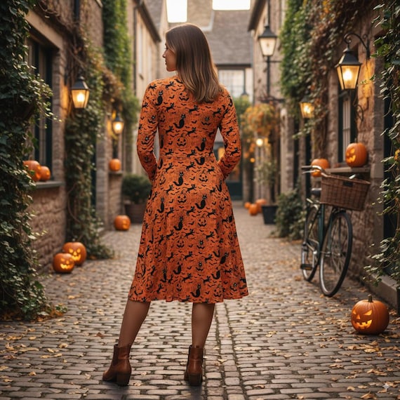Halloween Midi Dress - Orange & Black Pumpkin Bat Print Long Sleeve Fall Outfit