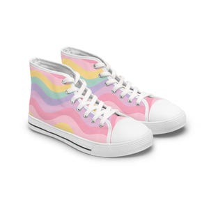 Baskets montantes vagues pastel | Chaussures en toile unisexe colorées | Chaussures esthétiques kawaii | Jolies chaussures arc-en-ciel printanières