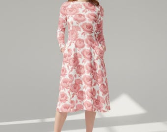 Blush Rose Midi Dress – Long Sleeve Floral Fit & Flare Dress with Pockets