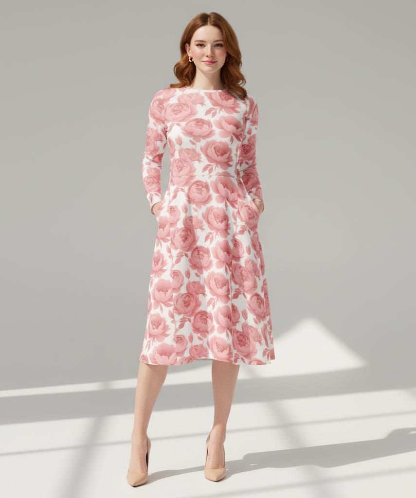 Long Sleeve Rose Print Midi Dress - Etsy Long Sleeve Rose Print Midi Dress - Etsy