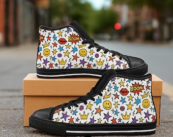 Comic Pop Art High Top Sneakers: Retro Cartoon Schuhe mit Emojis