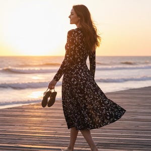 Navy Blue Floral Midi Dress: Long Sleeve Pocket Dress image 16
