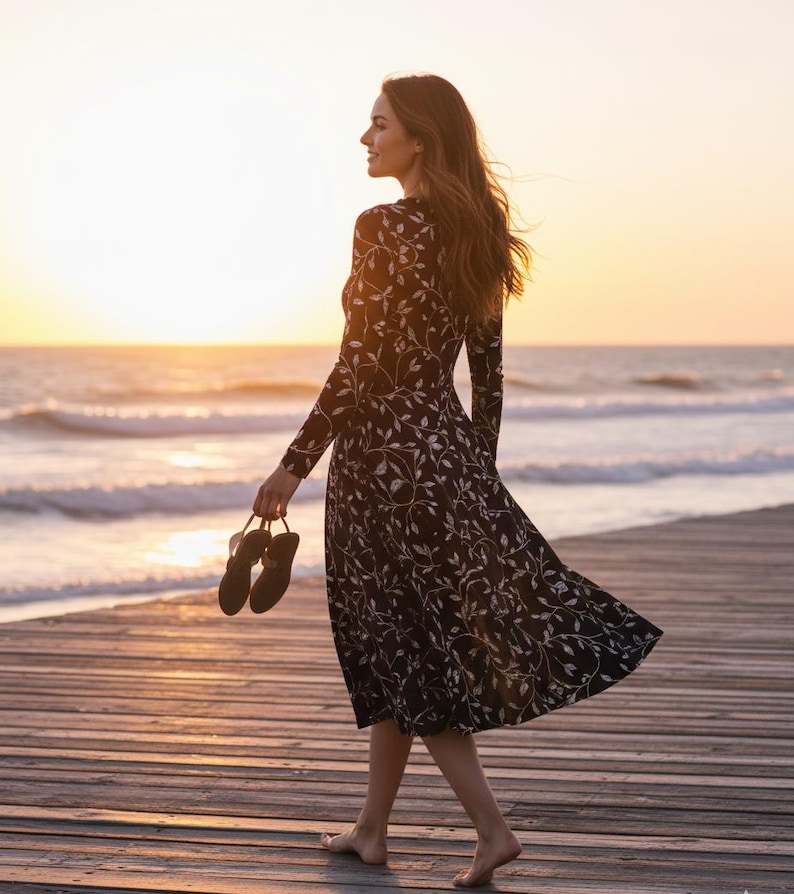 Navy Blue Floral Midi Dress: Long Sleeve Pocket Dress image 16