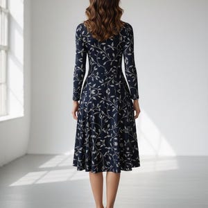 Navy Blue Floral Midi Dress: Long Sleeve Pocket Dress image 3