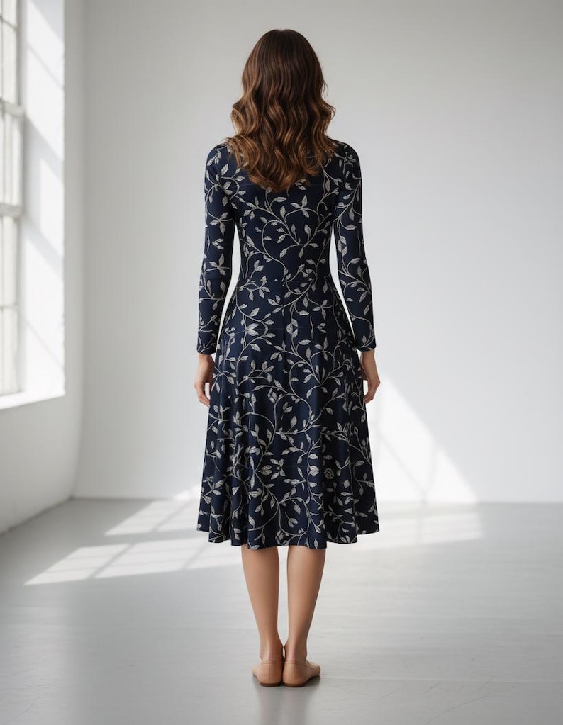 Navy Blue Floral Midi Dress: Long Sleeve Pocket Dress image 3